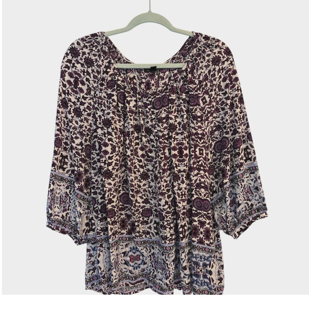 Willi Smith Boho Purple Floral Peasant Blouse Tunic Top 1X